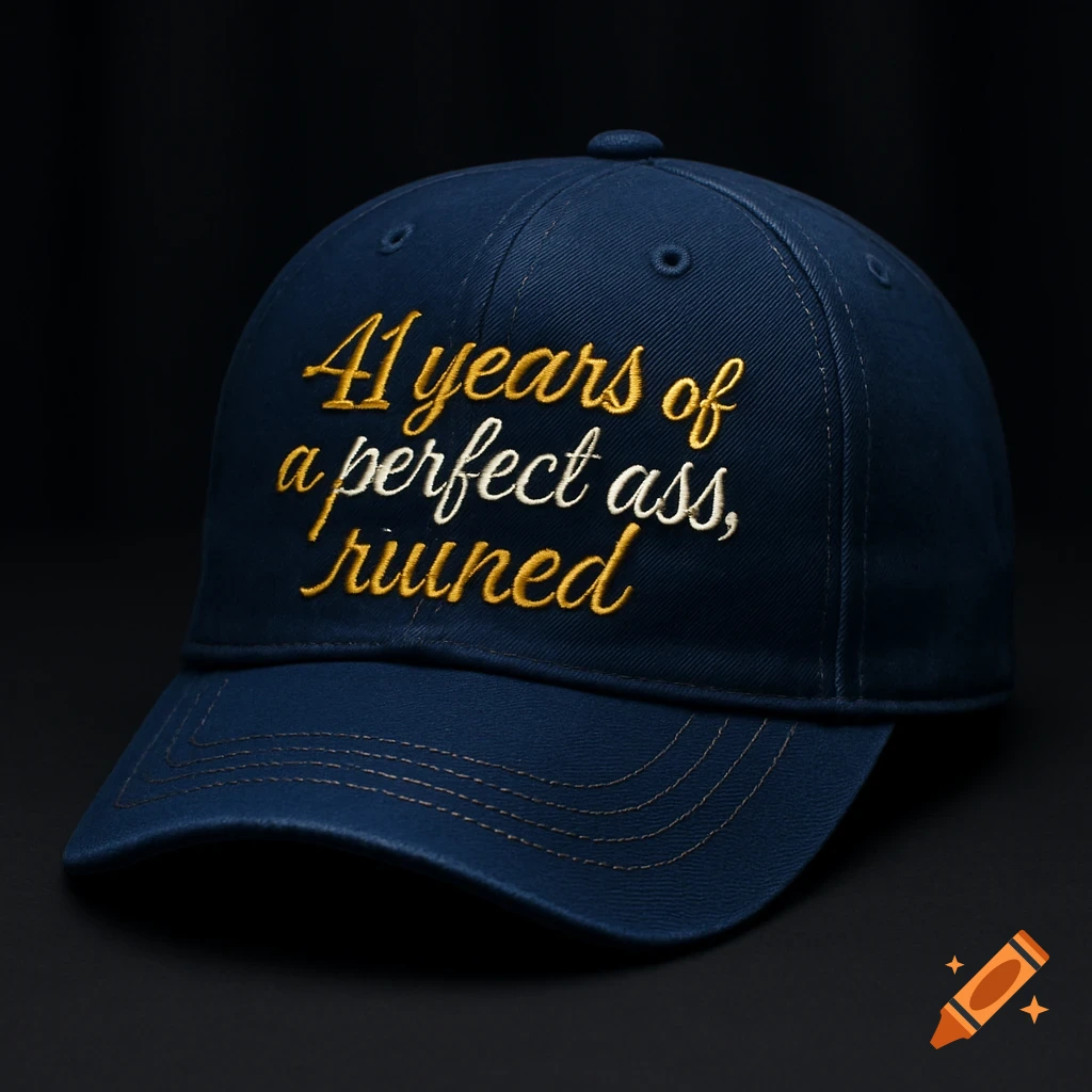 A close-up shot of a dark blue baseball cap with gold and white embroidery that reads '41 years of a perfect ass, ruined'.