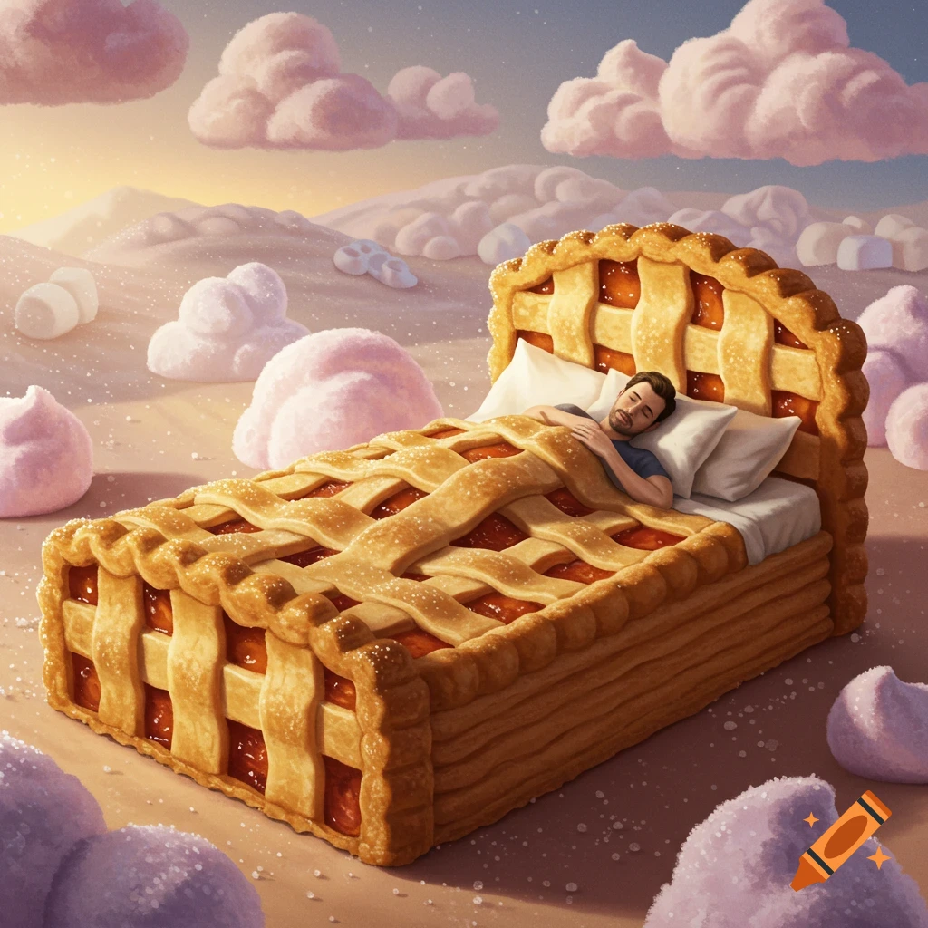 A man sleeps soundly in a bed made from a giant fruit pie with a lattice crust, surrounded by a sugary, dream-like landscape with soft, cloud-like formations.