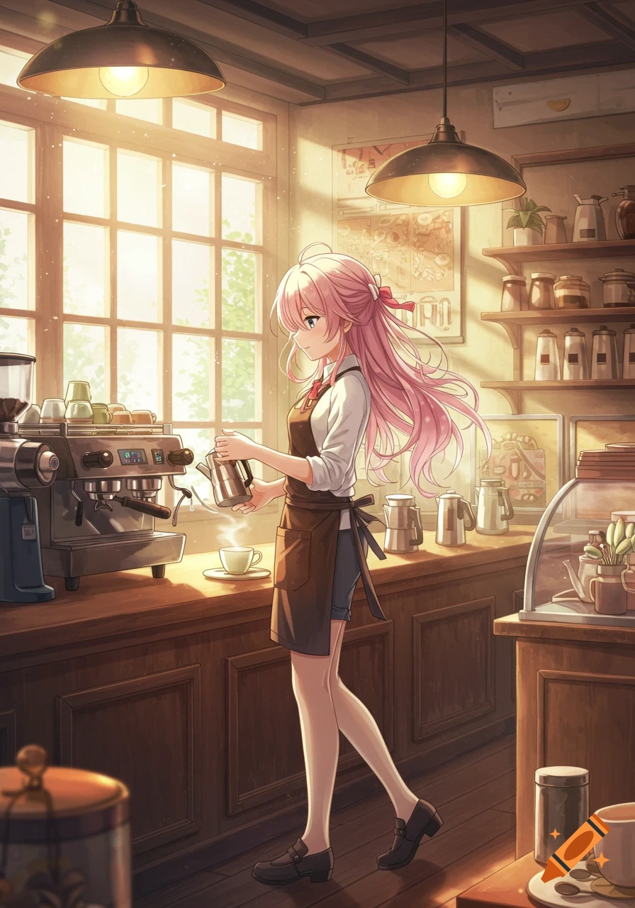 Anime girl with pink hair in an apron prepares coffee behind the counter in a sunlit cafe.