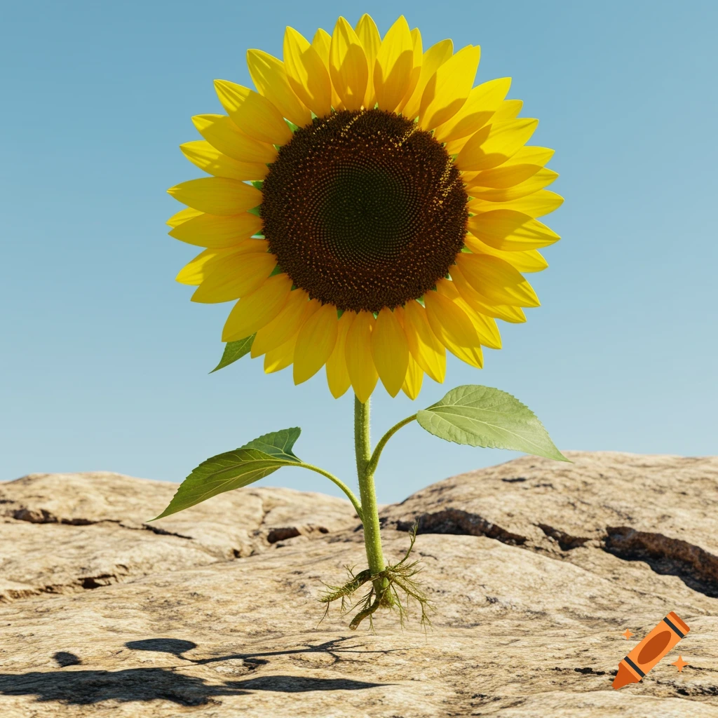 A photorealistic sunflower with roots exposed, floating above dry, cracked earth under a clear blue sky.