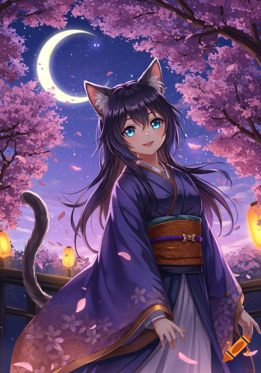 Anime cat girl in a purple kimono with a tail, standing under cherry blossom trees at night with a crescent moon and lanterns.