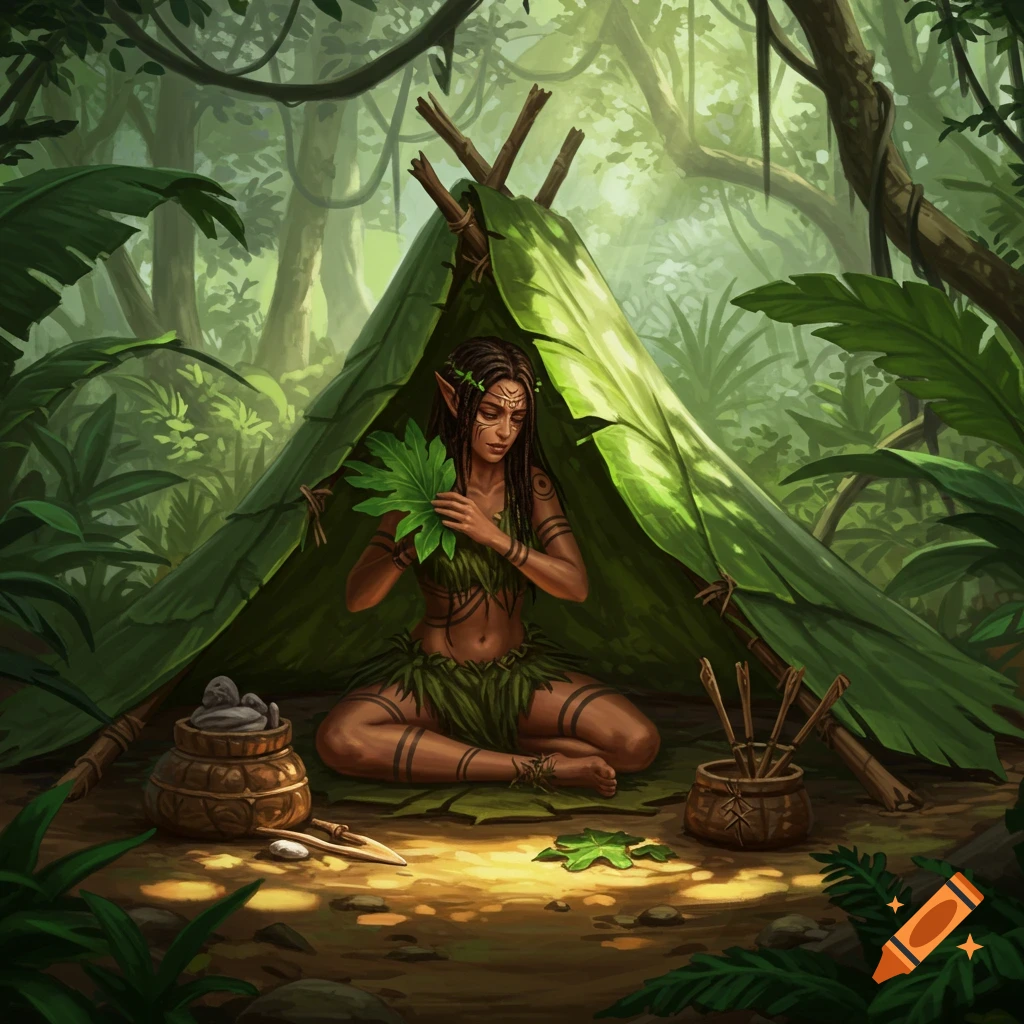 A female elf with tattoos in a leafy tent in a jungle, holding green leaves, with pots and tools nearby.