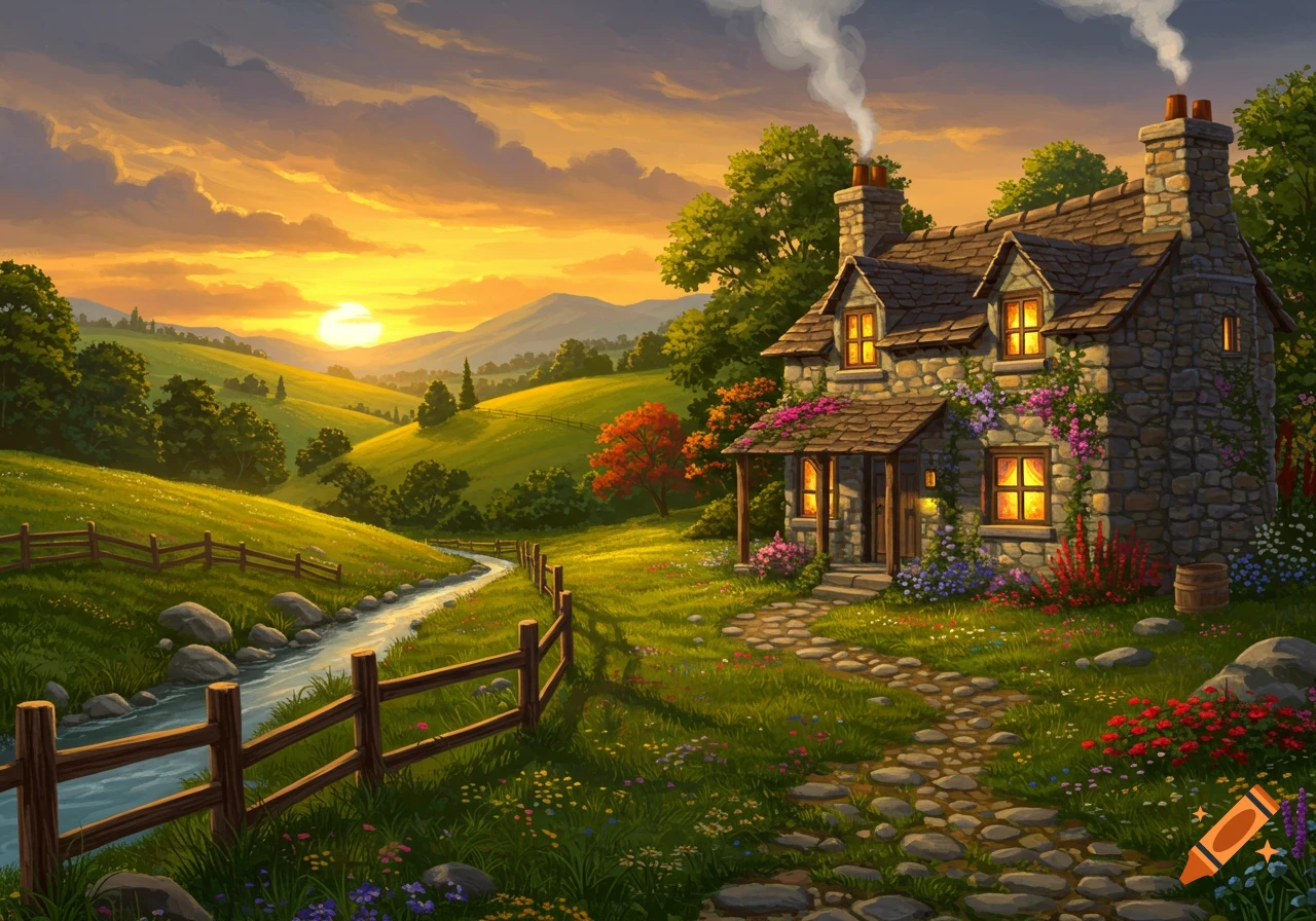 A vibrant illustration of a stone cottage at sunset, nestled in rolling green hills with a winding stream and flowering gardens.