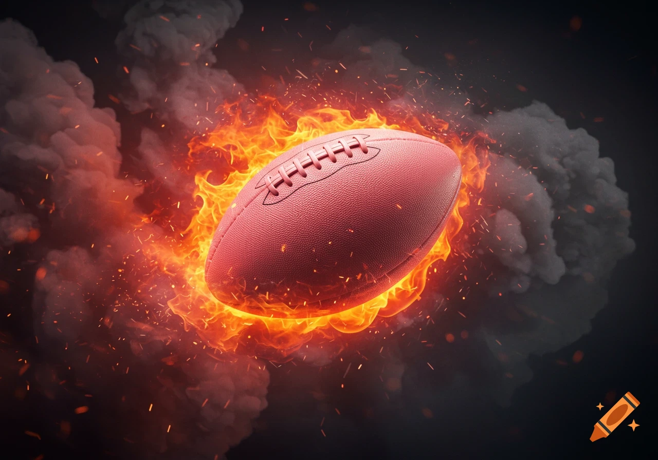 A rose pink football is engulfed in vibrant orange flames and smoke against a dark background.