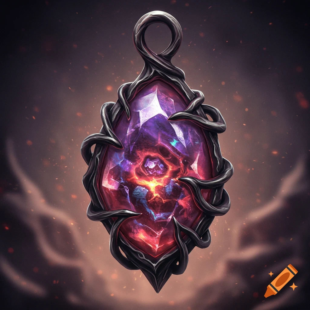 A dark, twisted metal amulet encasing a glowing purple and red multifaceted gemstone with inner light, on a dark background.