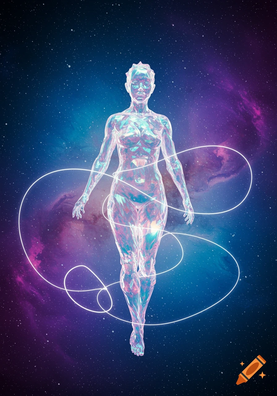 A shimmering, crystal-like female figure floats in a vibrant purple and blue cosmic background with white glowing lines.