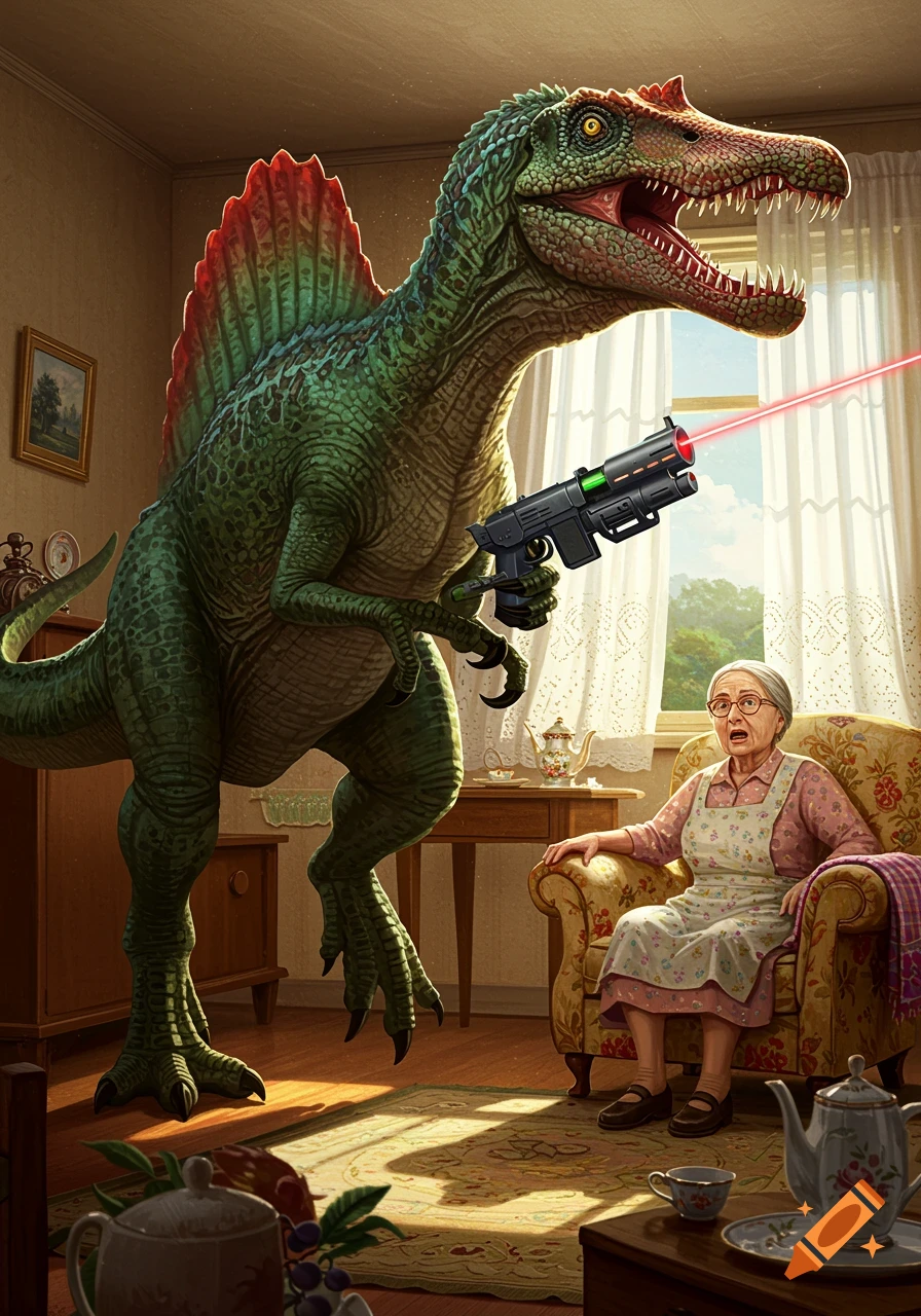 A large green Spinosaurus with a laser gun points at a terrified old woman in a living room armchair.