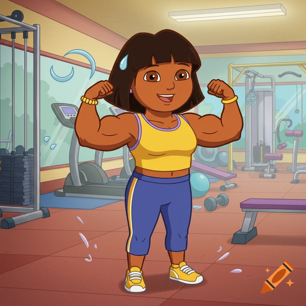 A muscular cartoon character resembling Dora's mom flexes her biceps, sweating in a gym setting.