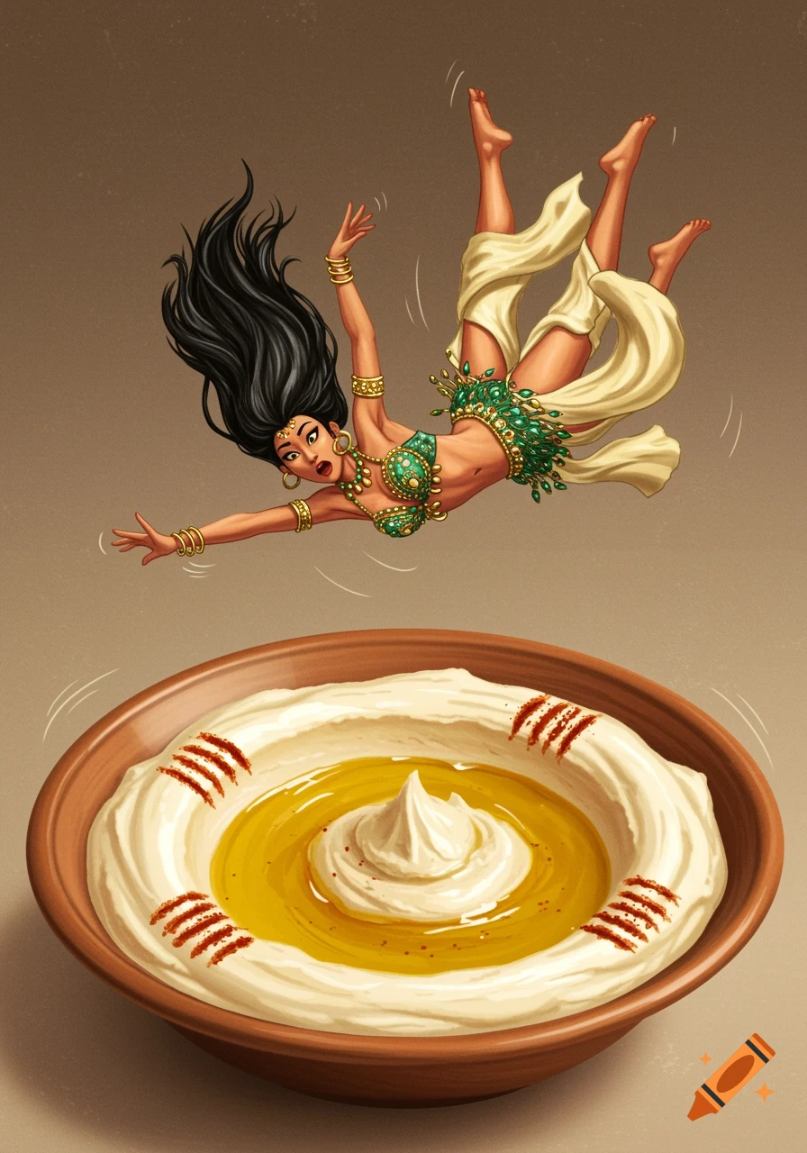 A whimsical illustration of a Middle Eastern belly dancer falling face first into a large bowl of hummus.