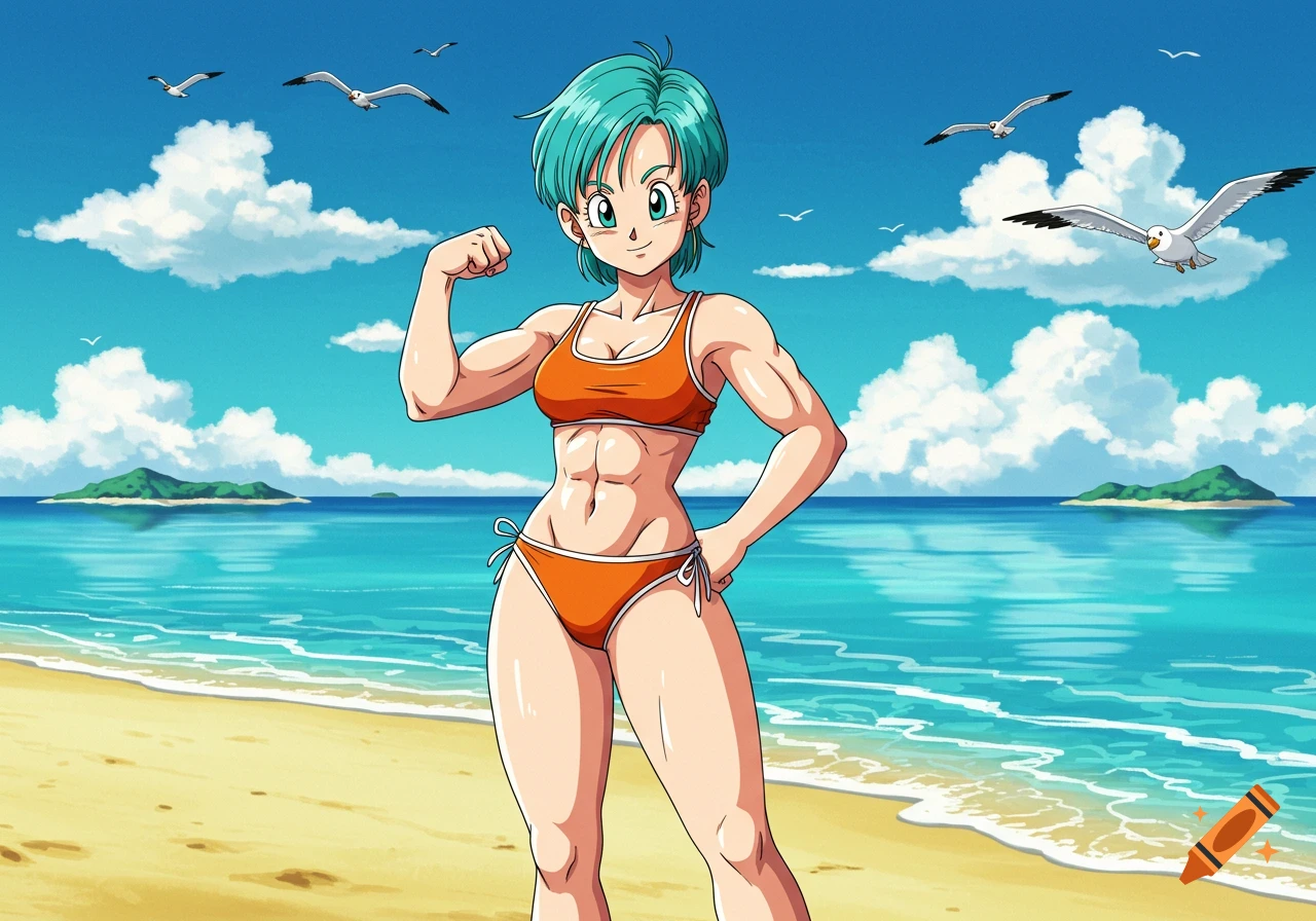 Green-haired anime character Bulma from Dragon Ball Z flexing her bicep on a sunny beach.