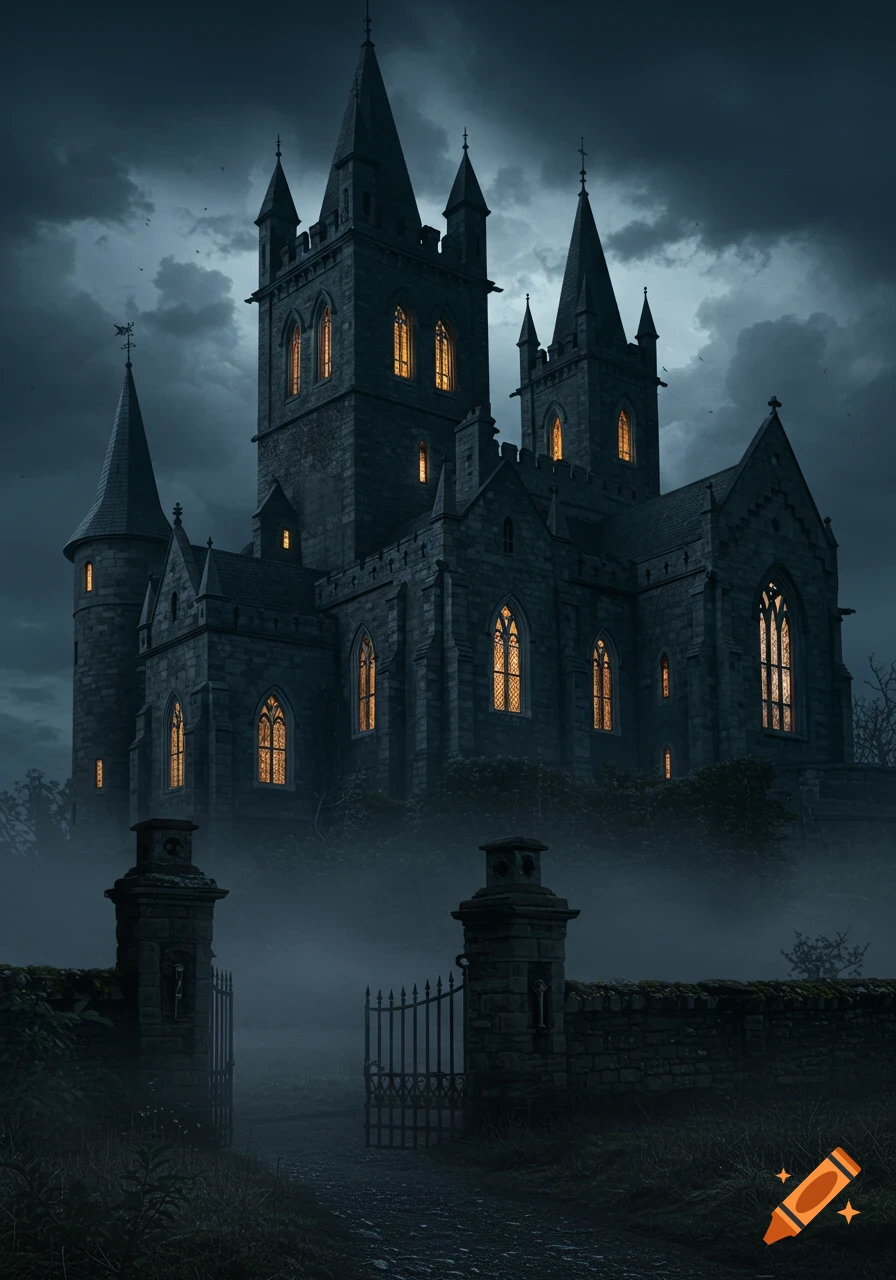 A dark and spooky gothic castle with glowing windows stands in mist under a stormy sky, an open gate leads to it.