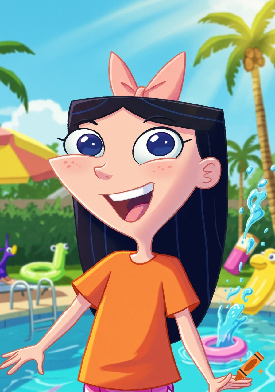 A smiling cartoon girl with long dark hair and a pink bow stands in a pool, surrounded by floats and palm trees.