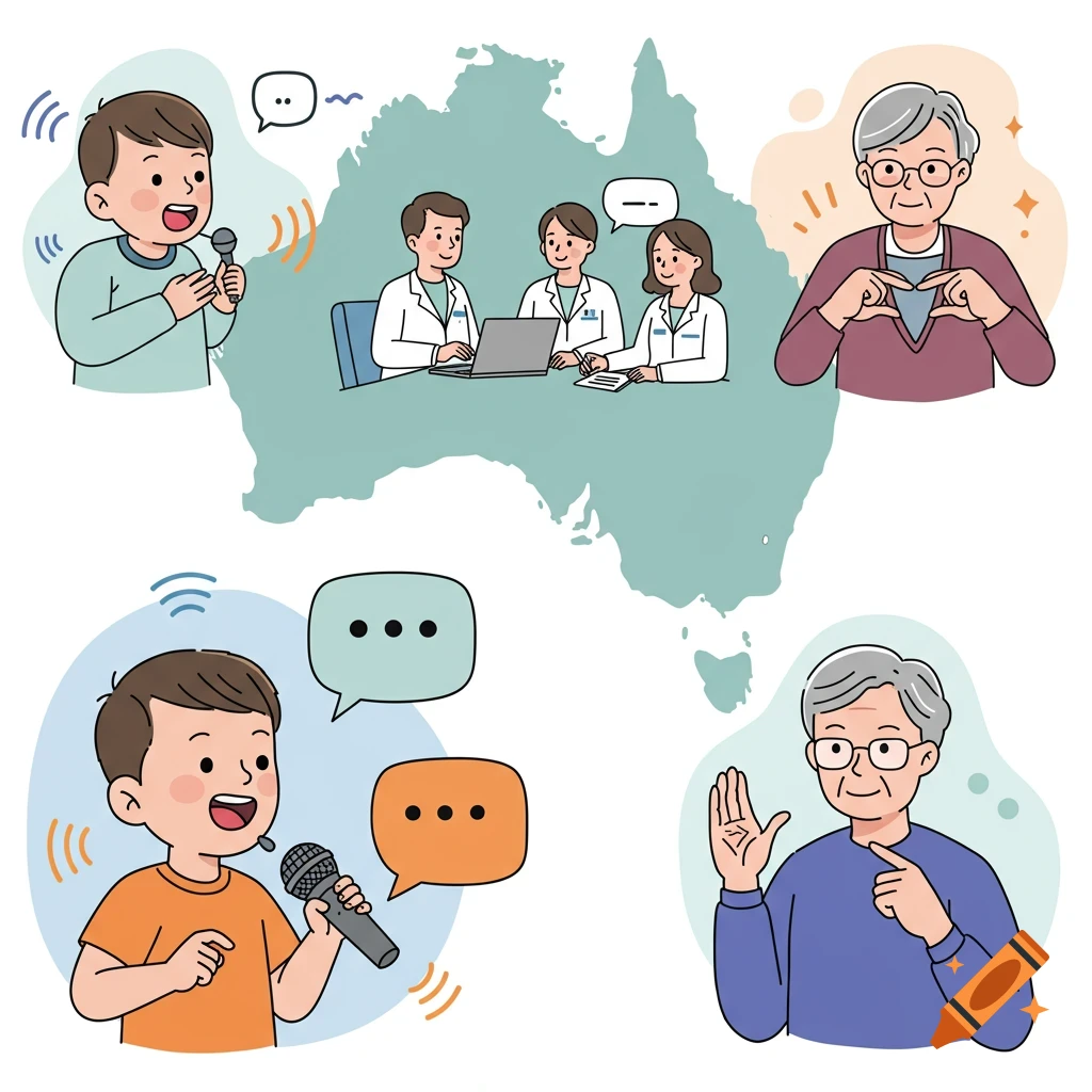 A vibrant vector illustration showing diverse people in speech therapy: a child with a microphone, doctors at a laptop, a senior making a heart shape, and another senior using sign language, all over a subtle map of Australia.