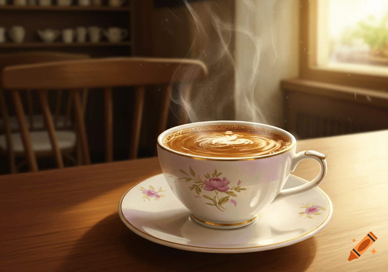 A steaming cup of coffee with latte art sits on a wooden table in a brightly lit room.
