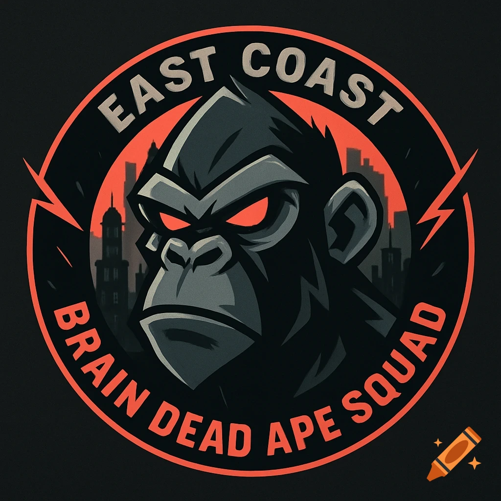 A stylized logo featuring a menacing gorilla head with red eyes against a cityscape, encircled by the words 'EAST COAST BRAIN DEAD APE SQUAD'.