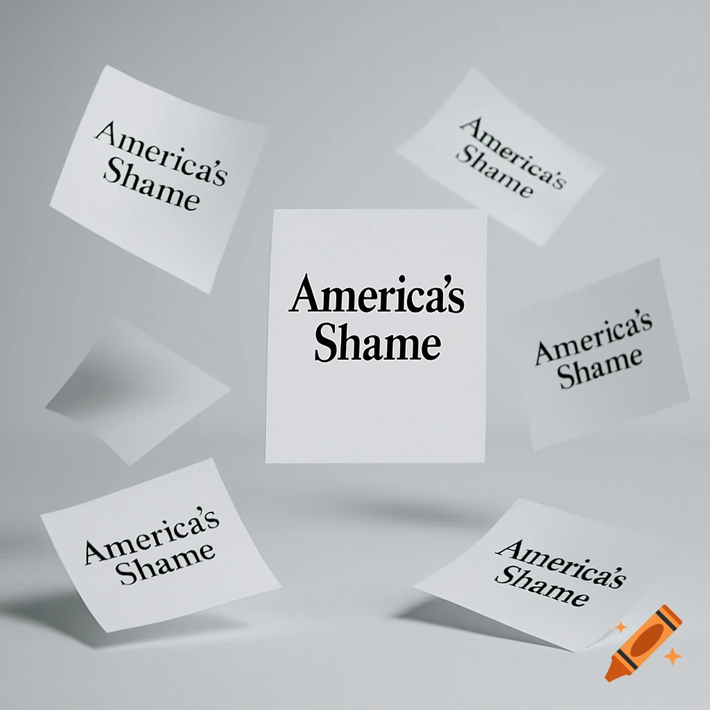 Several white papers with 'America's Shame' text float against a gray background.