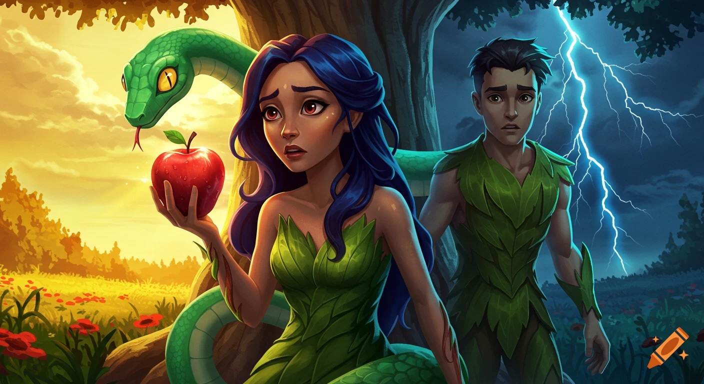 Animated depiction of Eve holding an apple next to a snake and Adam, in a split Garden of Eden background.