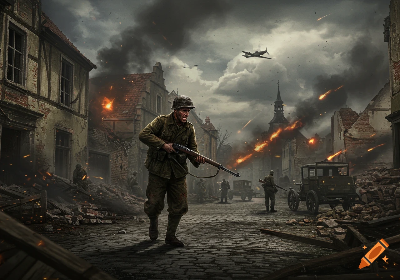 A soldier runs through a destroyed city during World War II with other soldiers, rubble, and an airplane in the sky.