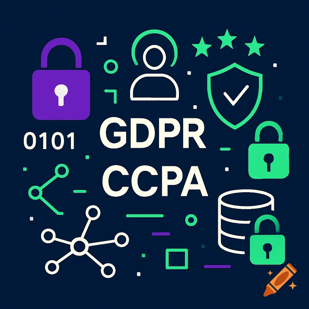 A digital art graphic illustrating data privacy and security with icons of locks, a user, a shield, and data stacks, along with the text 'GDPR' and 'CCPA'.