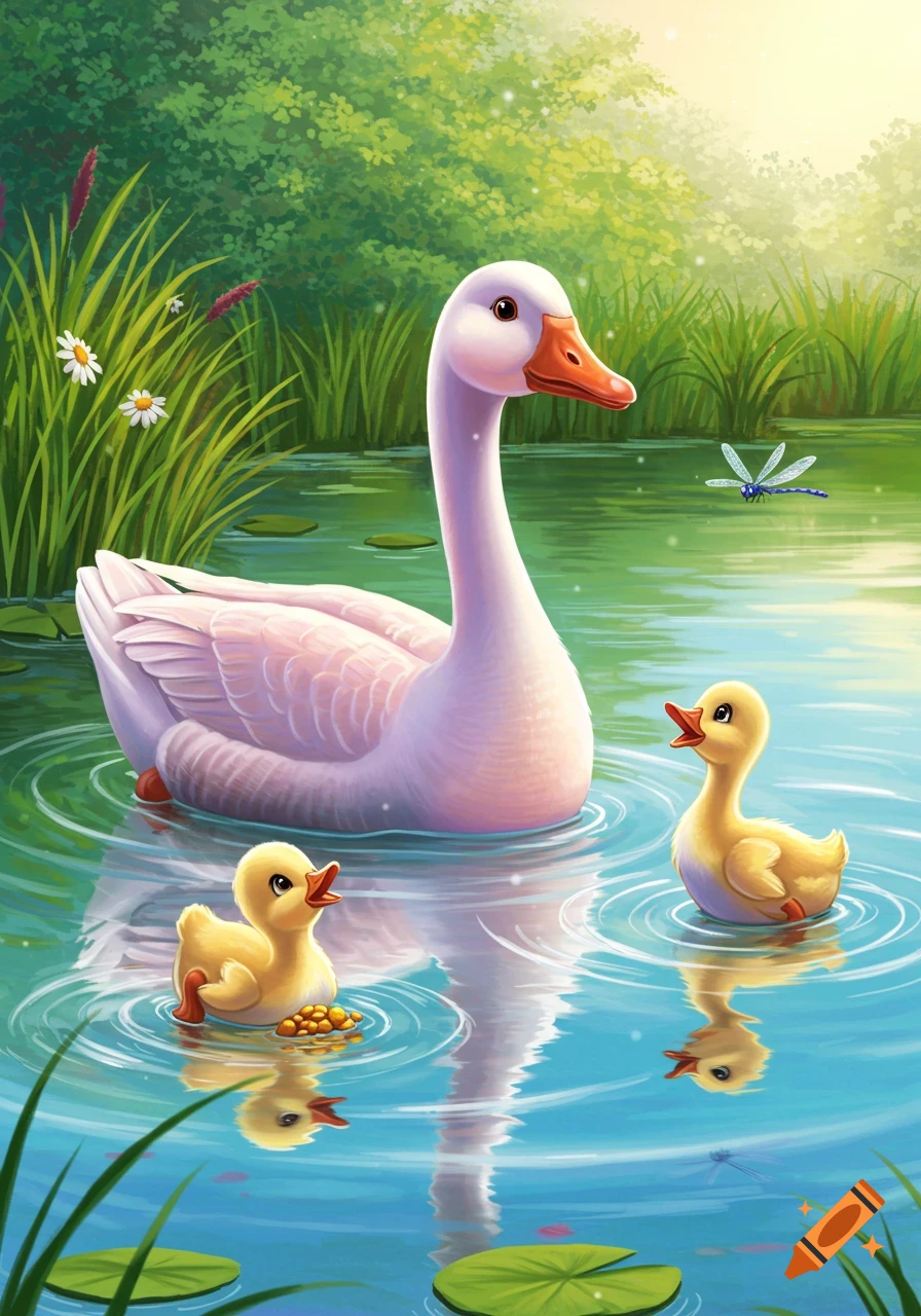 Illustration of a mother goose and two goslings swimming in a calm pond with green foliage and a dragonfly.