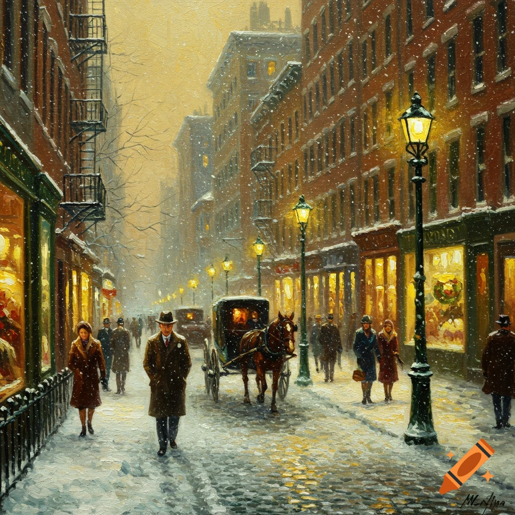 A snowy impressionistic street scene in 1930s New York with pedestrians, streetlights, and a horse-drawn carriage.