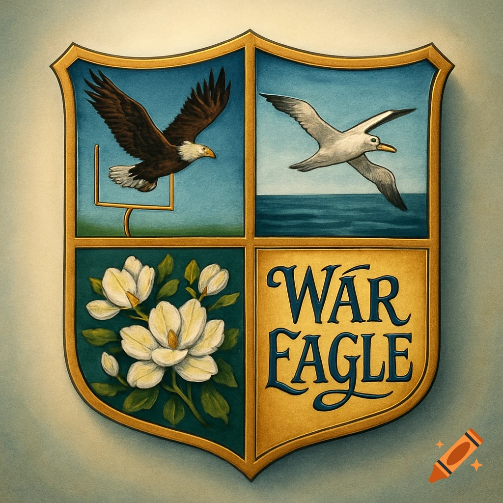 A colorful painted shield with four quadrants: a bald eagle over a goalpost, an albatross over water, magnolia flowers, and 'War Eagle' text.
