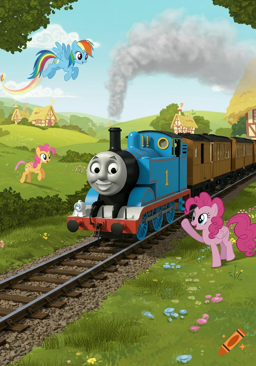 Thomas the Tank Engine on train tracks with Rainbow Dash flying and Pinkie Pie waving in a green, hilly landscape with houses.