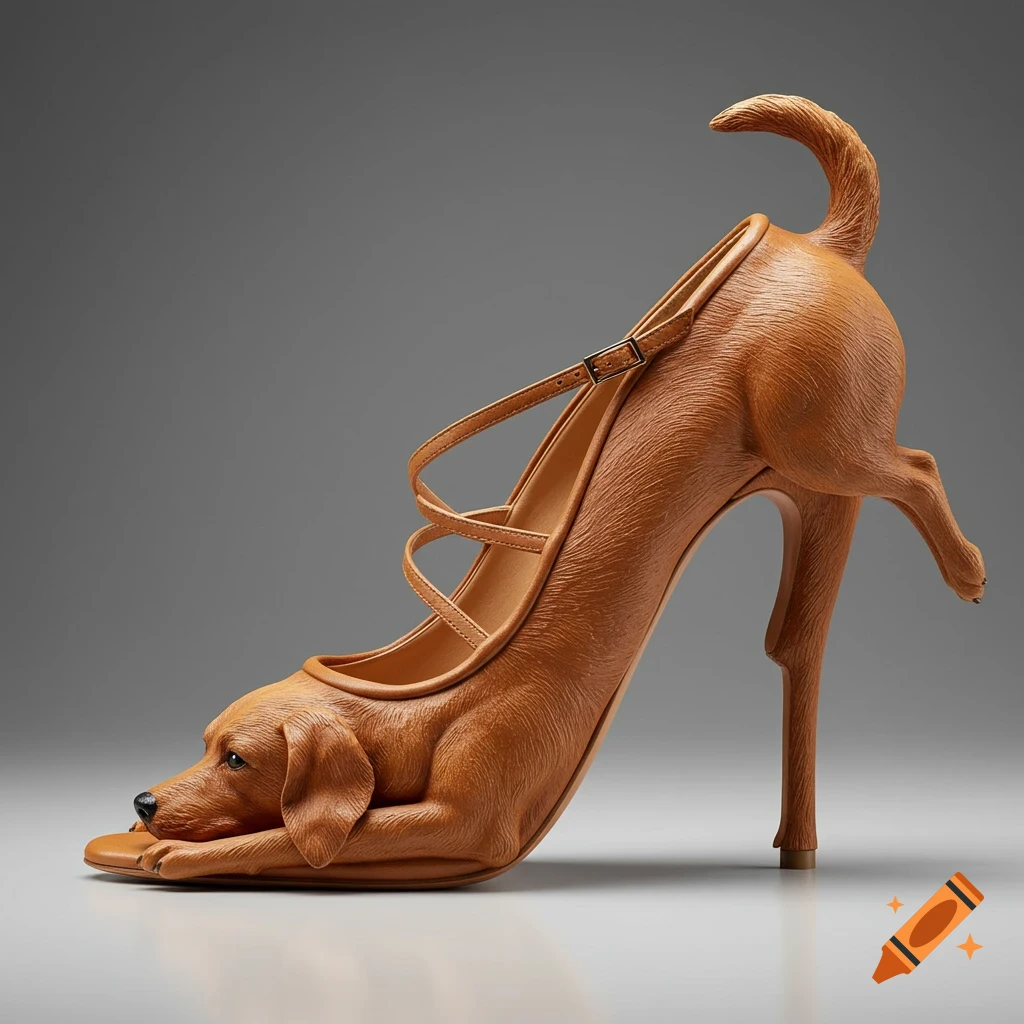 A photorealistic stiletto high-heel shoe designed to resemble a brown dog stretching in the downward dog position, with its back legs forming the heel.