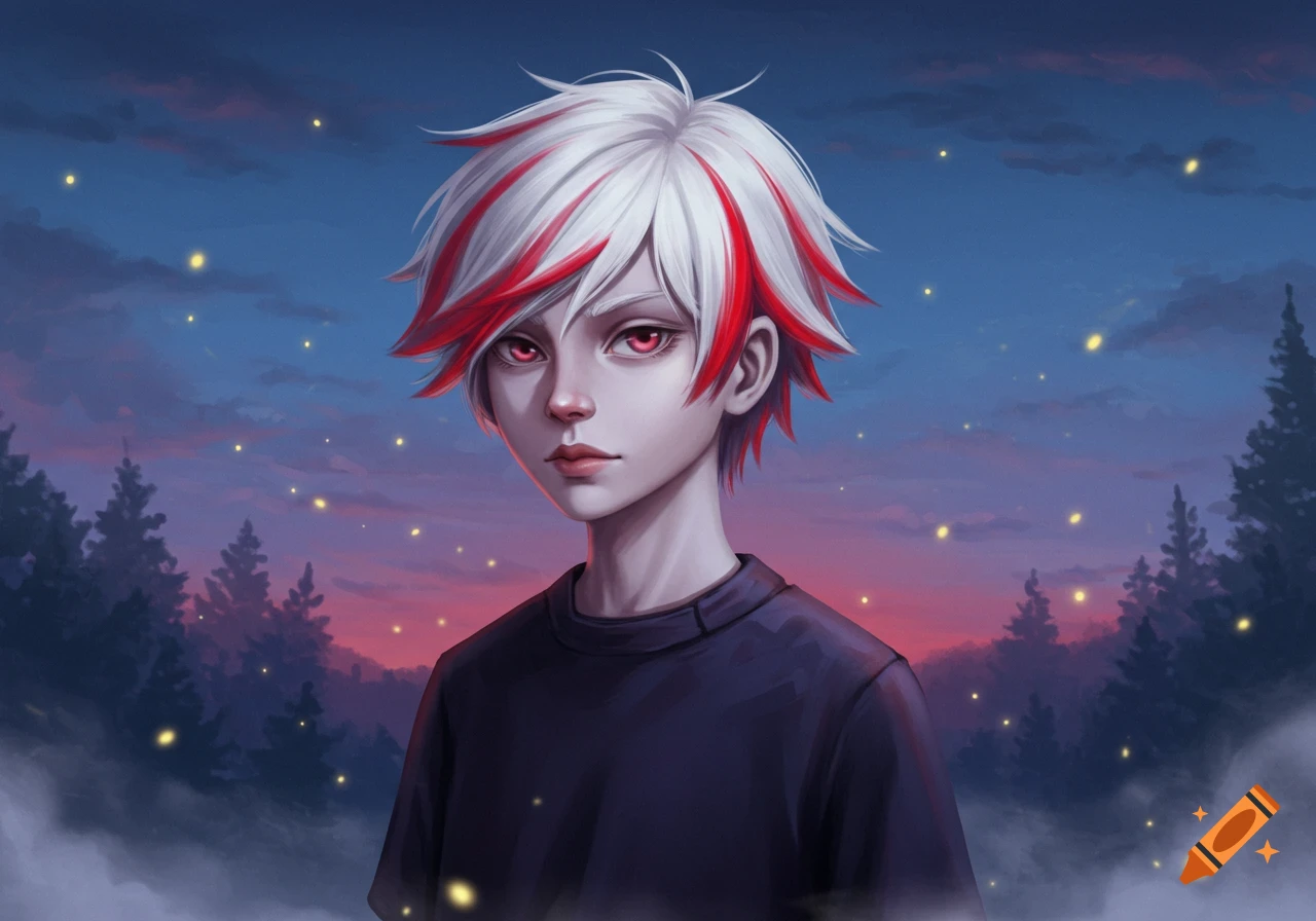 A stylized boy with white and red spiky hair and red eyes stands against a twilight sky with fireflies and trees.