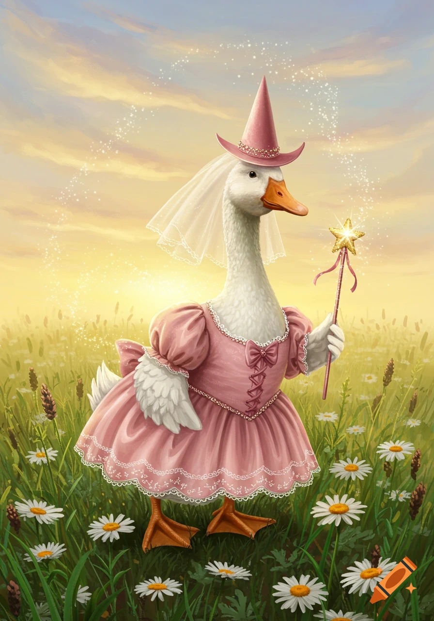 A white goose in a pink princess dress and pointed hat, holding a sparkling magic wand in a field of daisies at sunset.