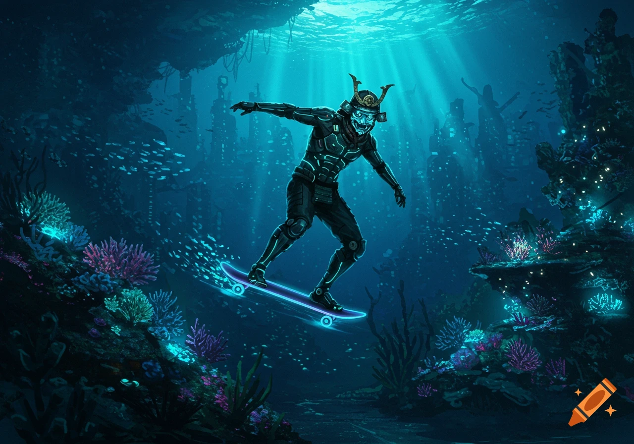 A man in a glowing cyber samurai suit neon skateboarding underwater amidst bioluminescent coral and fish.