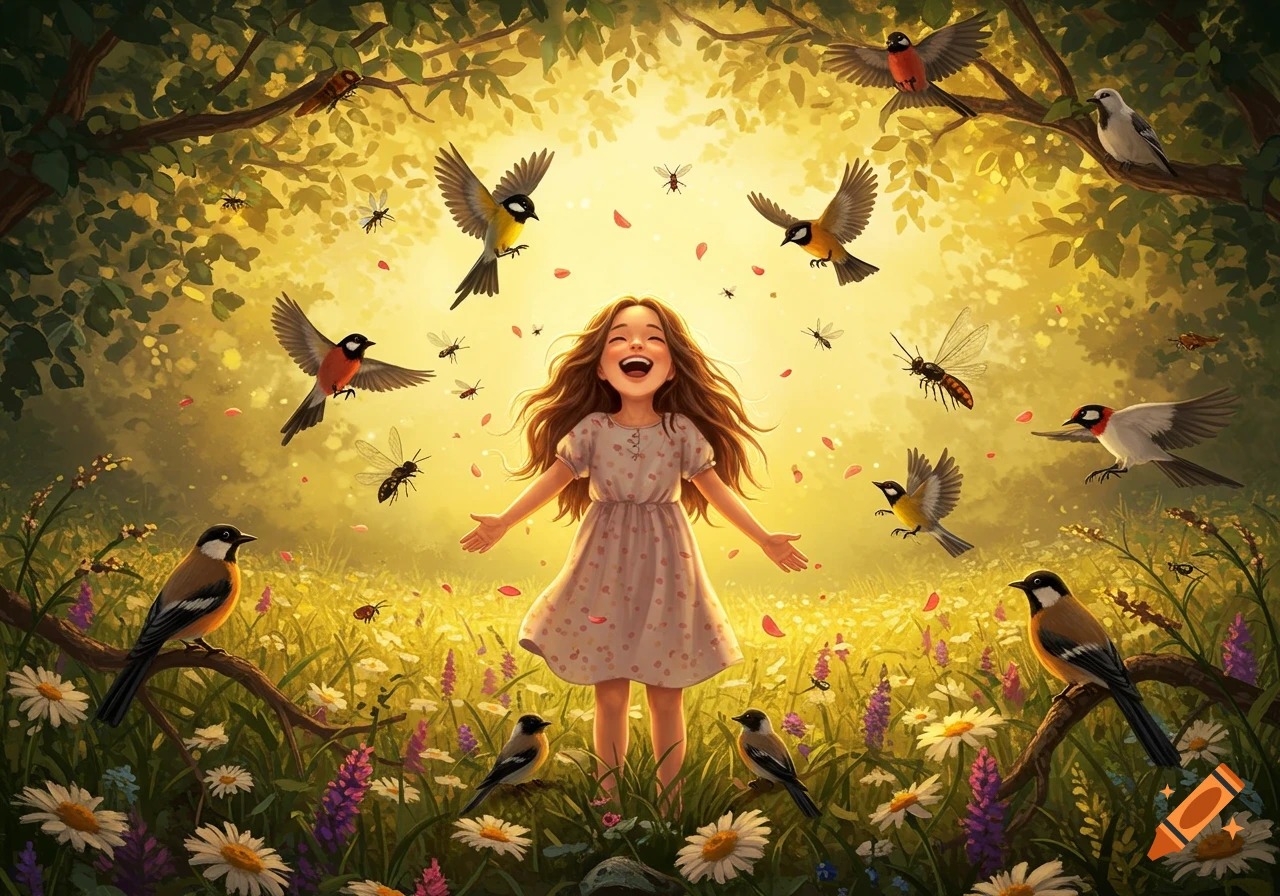 A laughing girl with outstretched arms stands in a sunny wildflower field, surrounded by flying birds and insects in a vibrant illustration.