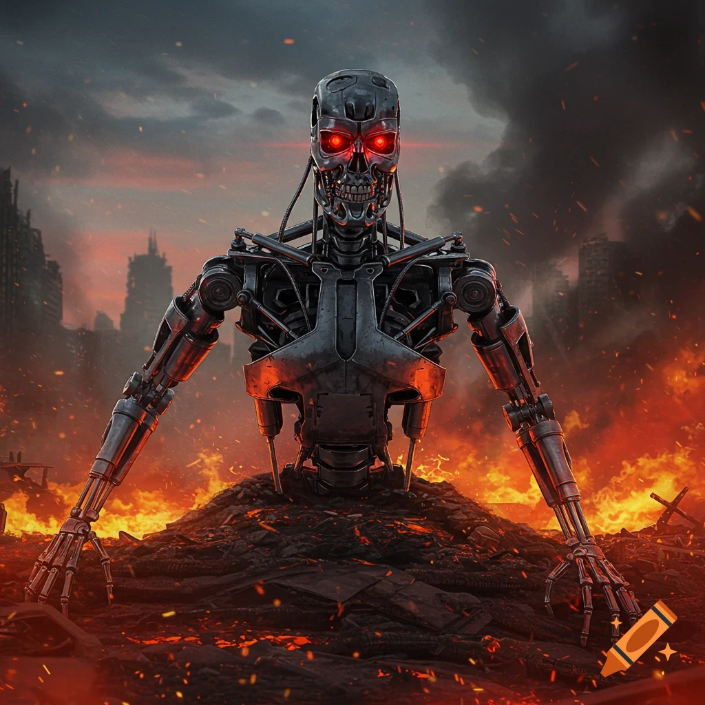 A photorealistic T-800 Terminator endoskeleton rises from a pile of burning rubble in a ruined city under a dark, stormy sky.