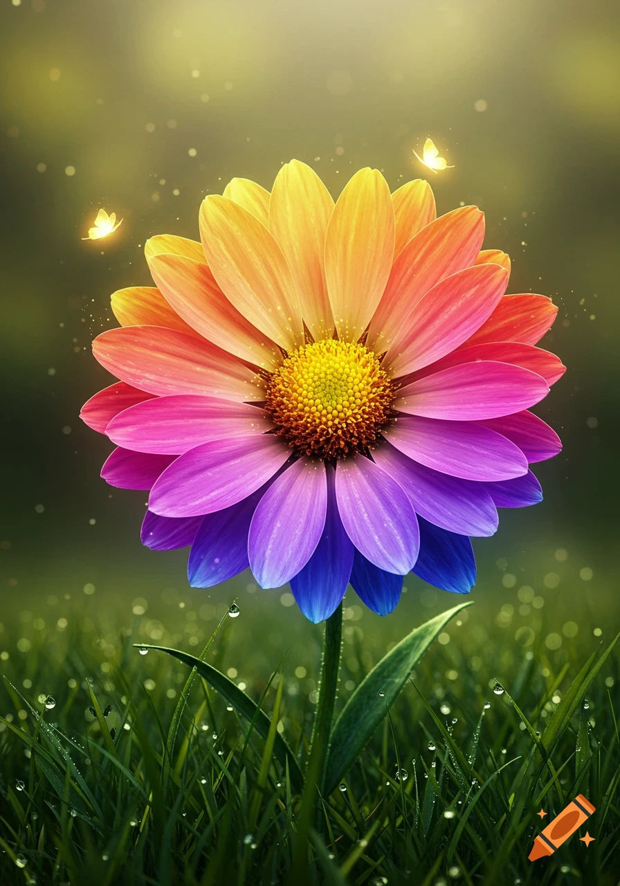 A vibrant flower with rainbow-colored petals stands in dewy grass under soft, magical light, with glowing butterflies hovering nearby.