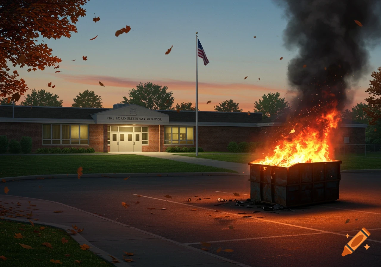 Photorealistic image of a large dumpster fire in the parking lot in front of Pike Road Elementary School at sunset.