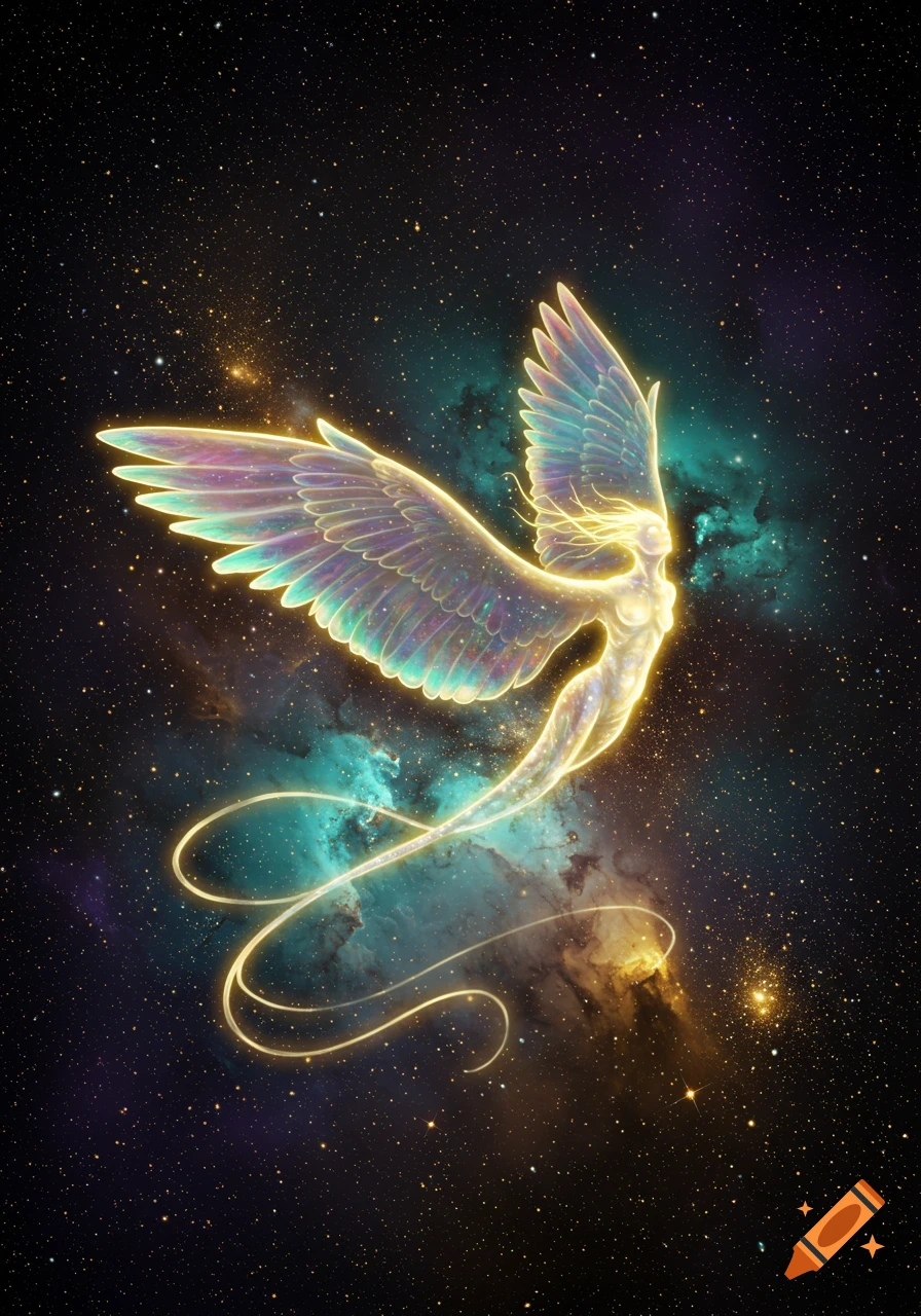 A luminous, winged ethereal figure floats gracefully in a vibrant, star-filled cosmic nebula.