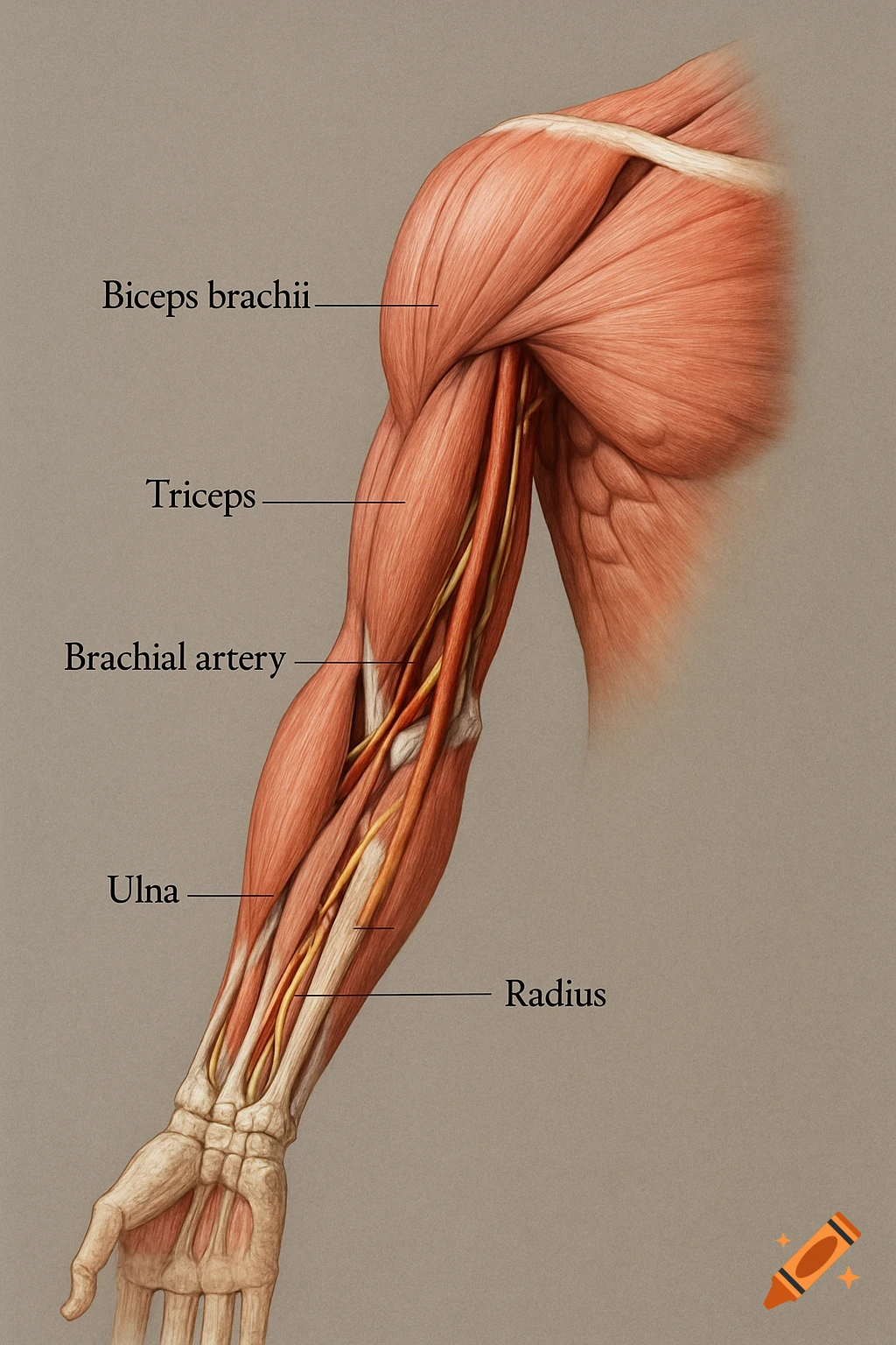 Anatomical illustration of a human arm showing muscles, bones, and labeled arteries and nerves on a grey background.