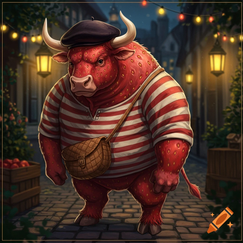 A whimsical illustration of a red bull with strawberry seeds, wearing a beret and a striped shirt, on a cobbled street at night.