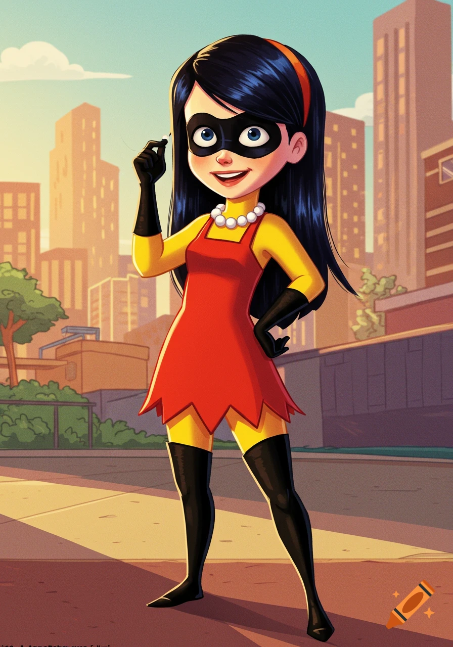 Violet from The Incredibles dressed as Lisa Simpson, standing on a city street. Cartoon style.