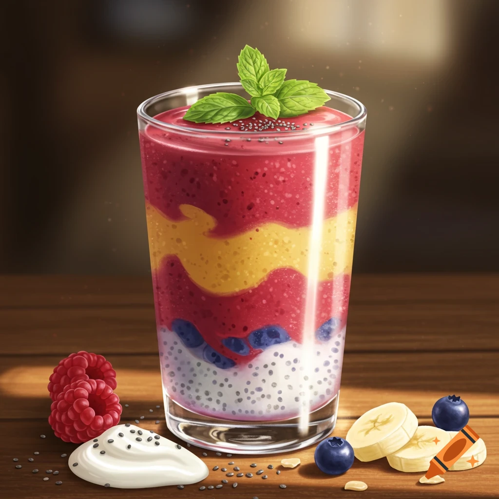 A photorealistic image of a layered smoothie with raspberries, blueberries, bananas, and chia seeds on a wooden table.