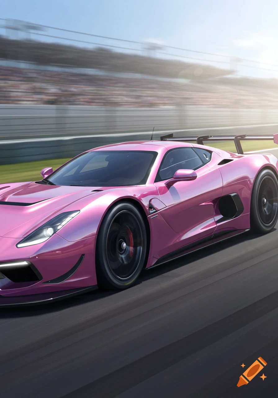 A glossy pink racecar speeding down a track with blurred grandstands and spectators in the background, under a bright sky.