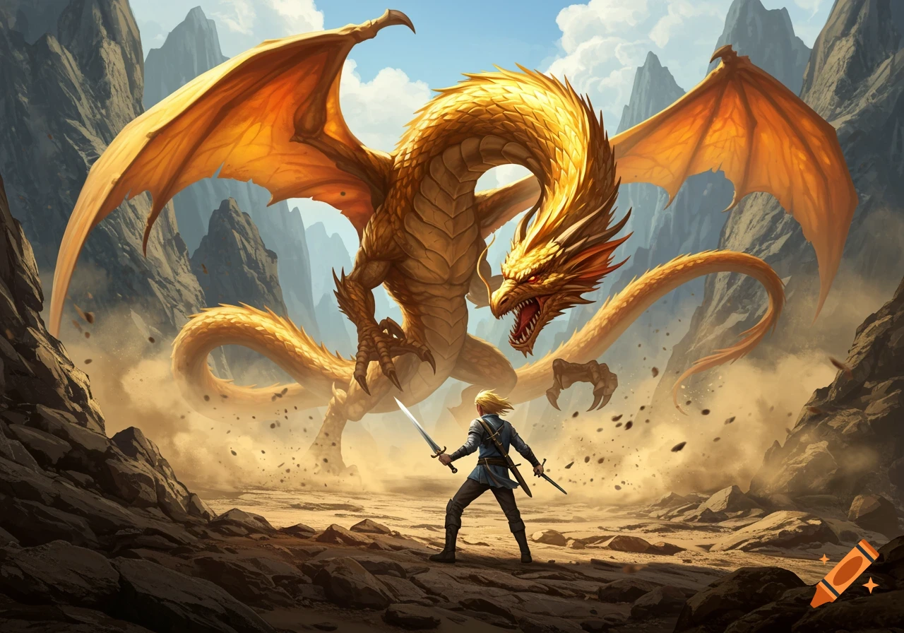 A blonde-haired warrior with a sword confronts a massive golden dragon in a rocky, dusty landscape.