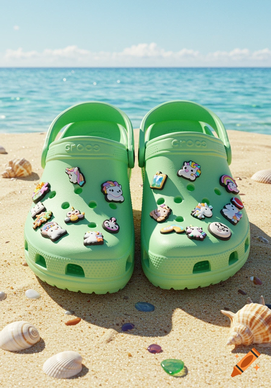 Two light green Crocs shoes adorned with colorful charms resting on a sandy beach with the blue ocean in the background.