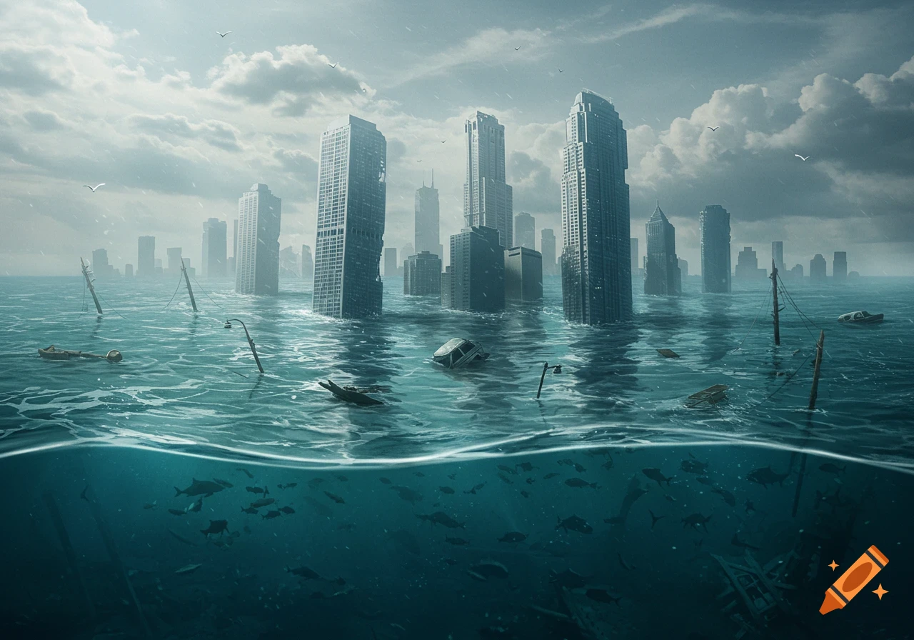 A flooded city with skyscrapers partially submerged in water, showing an underwater view with fish and debris.