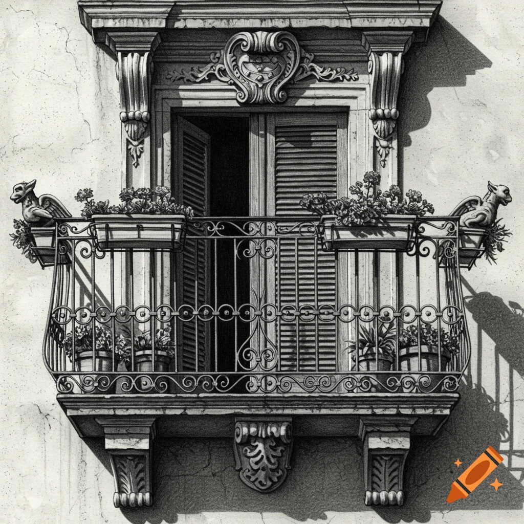Black and white detailed illustration of a traditional Sicilian window with an ornate balcony featuring gargoyles and flower pots.