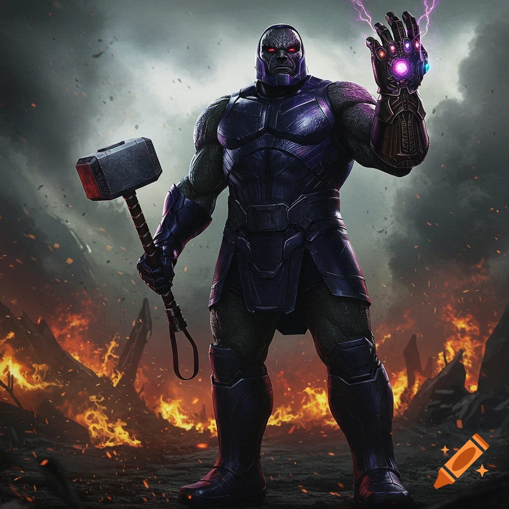 Darkseid stands in a fiery, apocalyptic landscape, holding Mjolnir and wearing the Infinity Gauntlet.