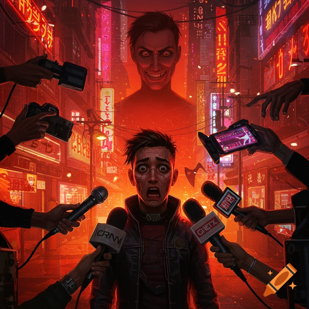A scared man is surrounded by microphones and cameras in a neon-lit cyberpunk city, while a sinister, grinning figure looms in the background. The scene is bathed in red light.