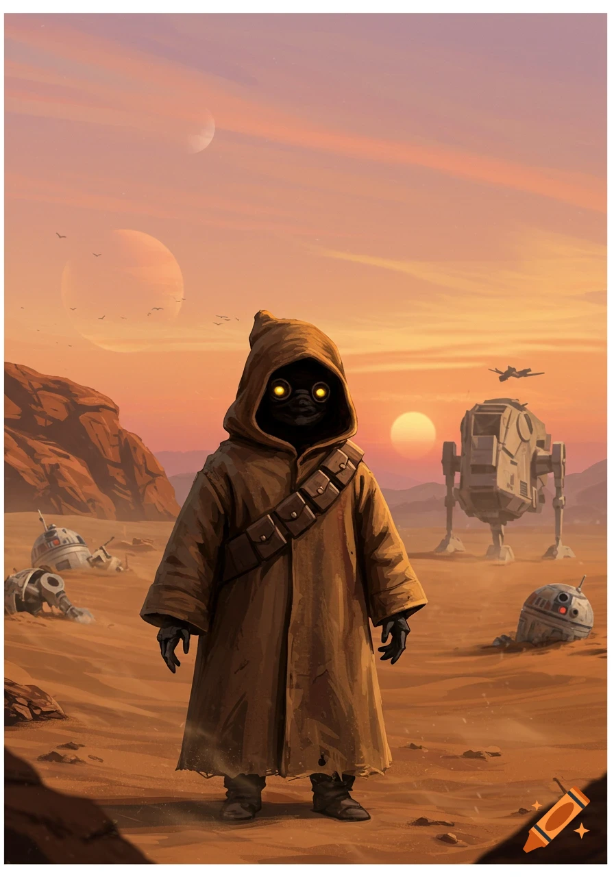 A hooded Jawa stands in a vast orange desert with twin suns, crashed droids, and an AT-ST walker.