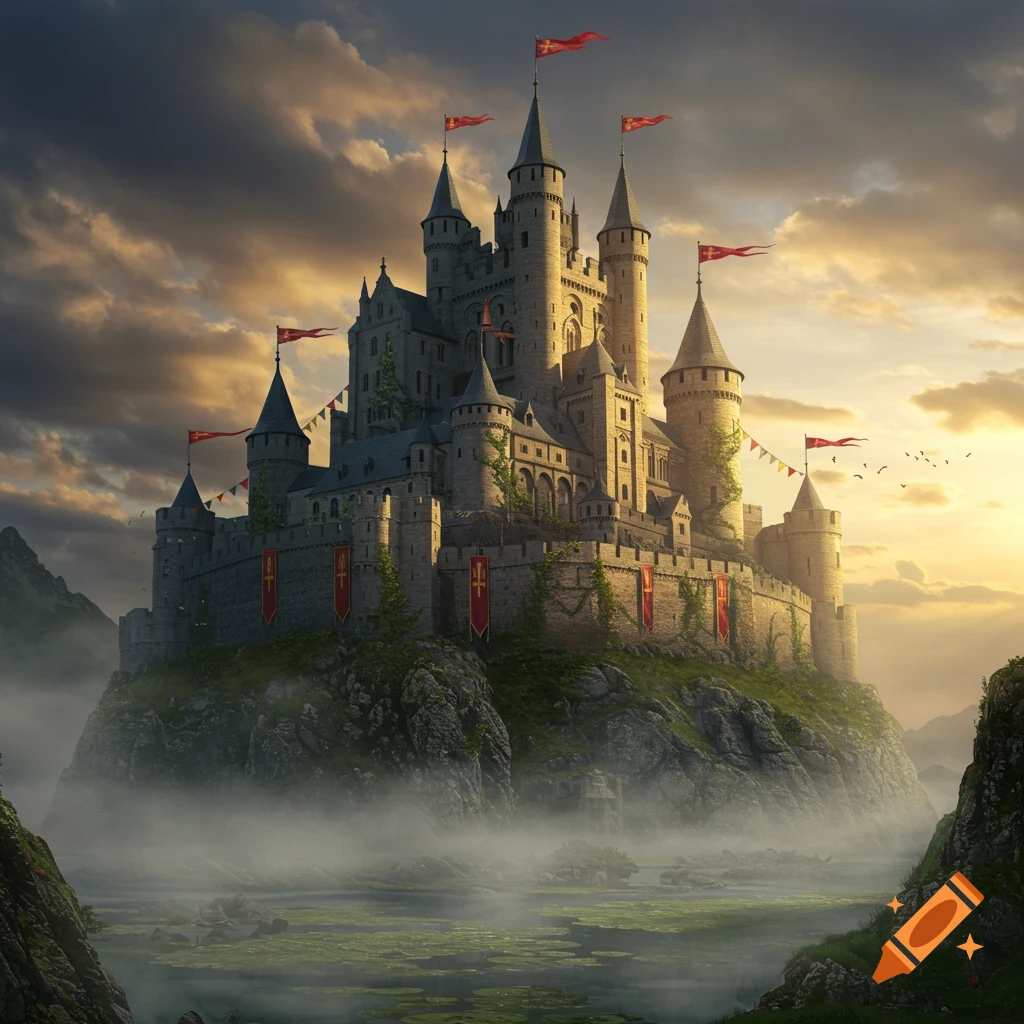 A majestic medieval castle with multiple towers and red flags, perched on a rocky hill amidst mist, under a dramatic sky with golden light.