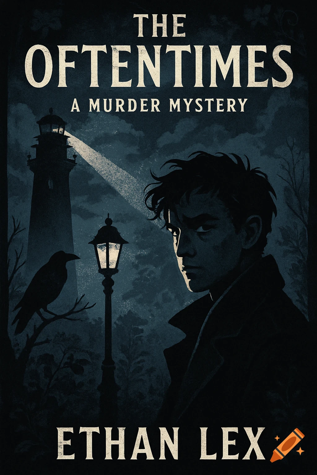 A dark book cover for 'The Oftentimes' shows a young detective, lighthouse, streetlamp, and raven under a moonlit sky.